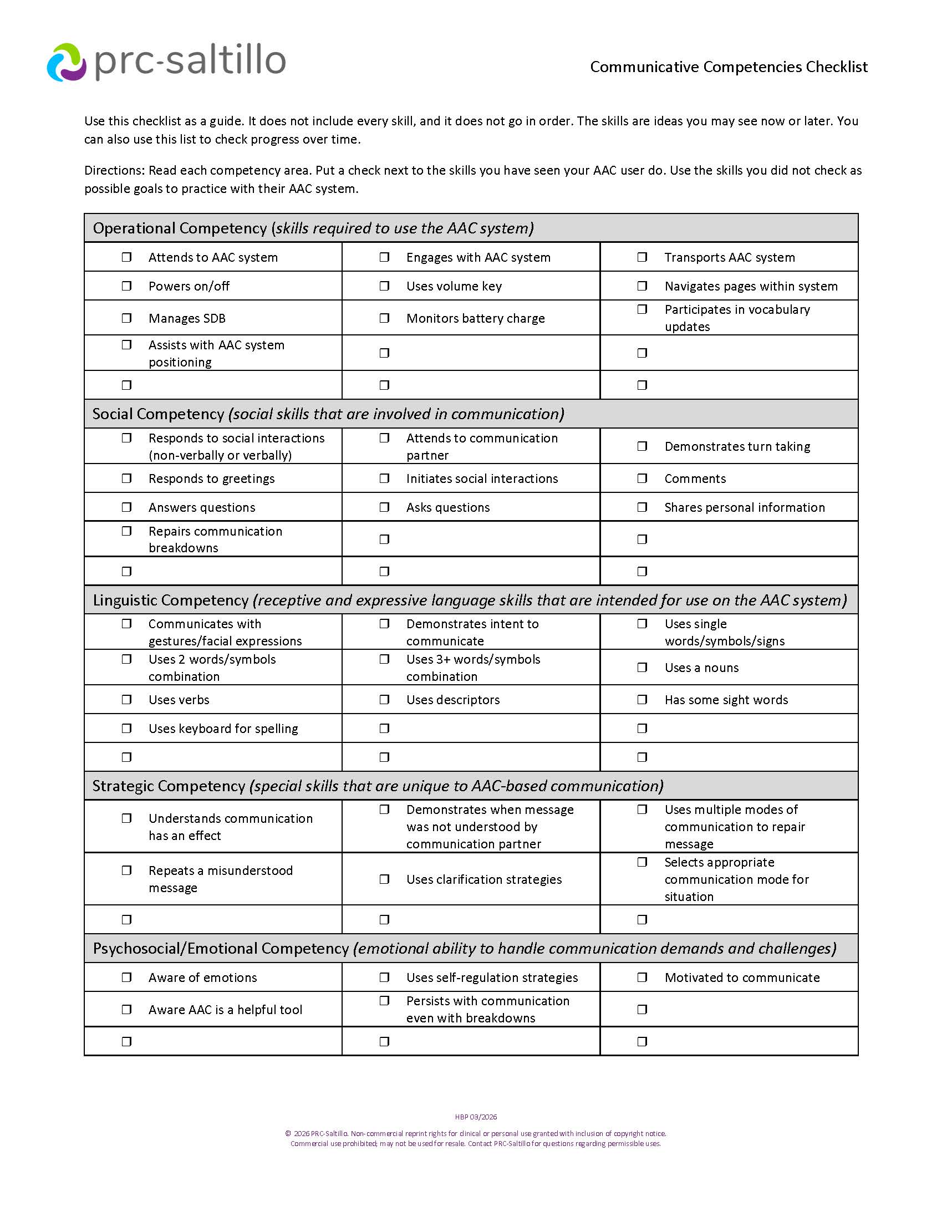 Communicative Competencies checklist